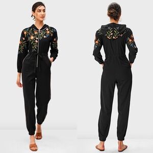 Wayward Fancies eShakti zip-up  floral embroidery‎ cotton jersey hoodie jumpsuit